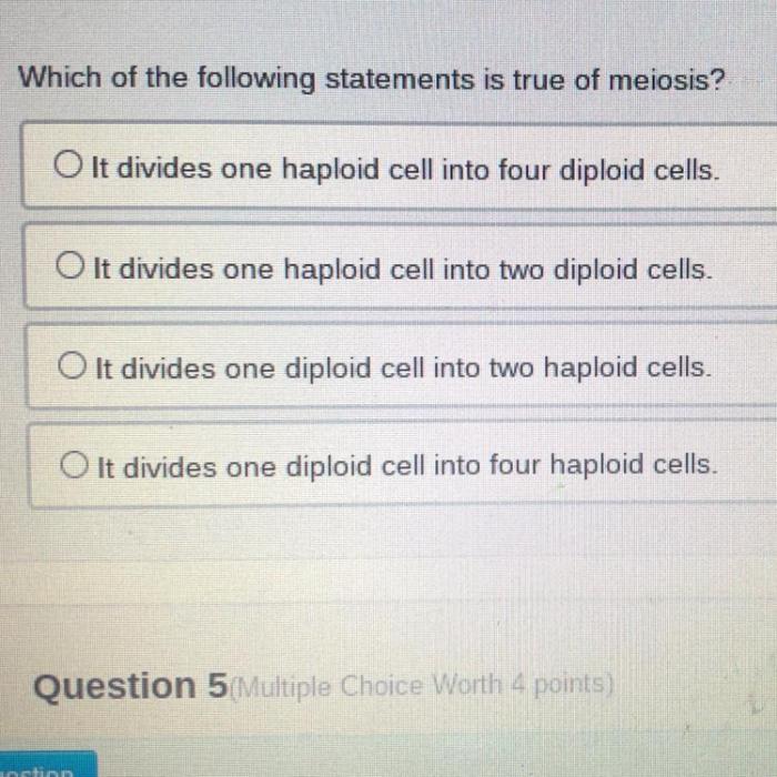 Which of the following statements is true of meiosis