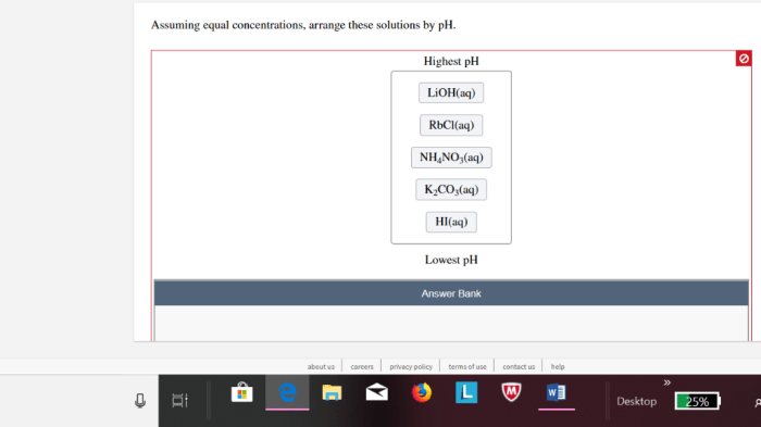 Assuming equal concentrations arrange these solutions by ph